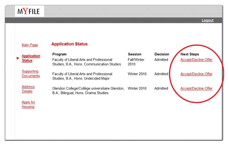 Screenshot of the MyFile portal listing three programs with an offer of admission. Beside each there is a 'next steps' column with an option to 'Accept or Decline Offer'